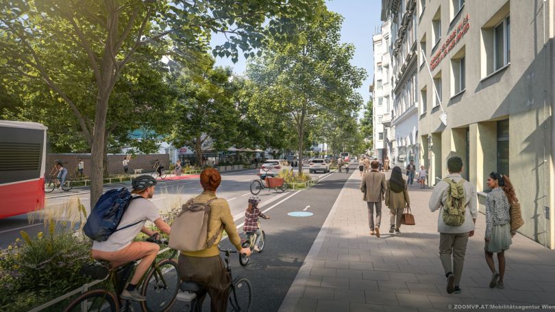 copyright: ZOOMVP.AT/Mobilitätsagentur Wien Visualisierung von Bäumen neben Radweg und Gehweg sowie einer Straße und Wohngebäuden.