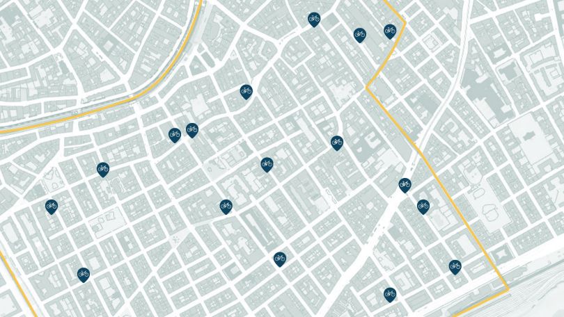 copyright: BV5/ViennaGIS Stadtplanausschnitt mit eingezeichneten Standorten der Radbügel