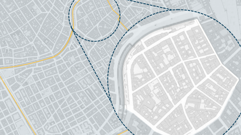 copyright: BV 5 Stadtplanausschnitt: Ein Gebiet im 5. Bezirk ist mit einem blauen Kreis hervorgehoben.