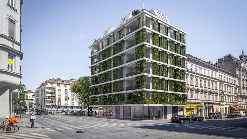 copyright: ZOOM.VP Visualisierung eines modernen Gemeindebaus mit Fassadenbegrünung