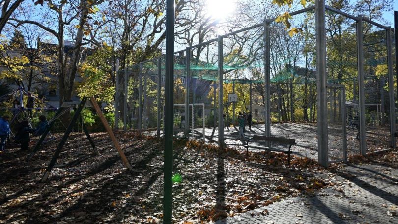 copyright: BV 18 Ballsportkäfig im Sonnenlicht, dahinter Bäume.