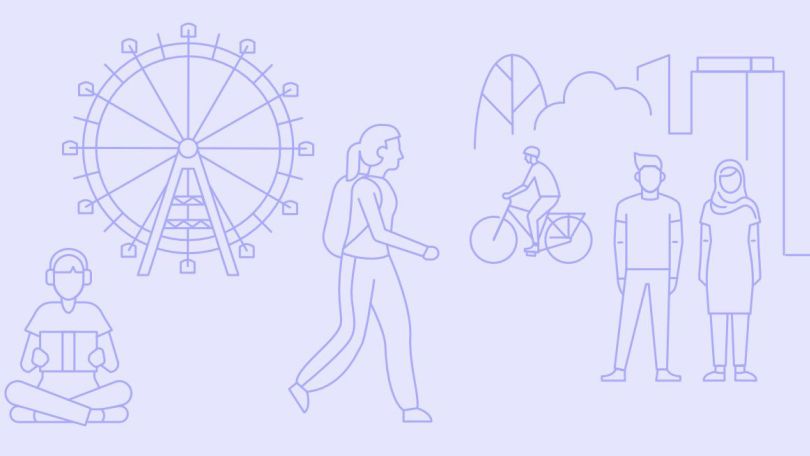copyright: Stadt Wien Illustration Wiener Riesenrad, Person auf einem Fahrrad, eine lesende Person und 2 weitere stehende Personen