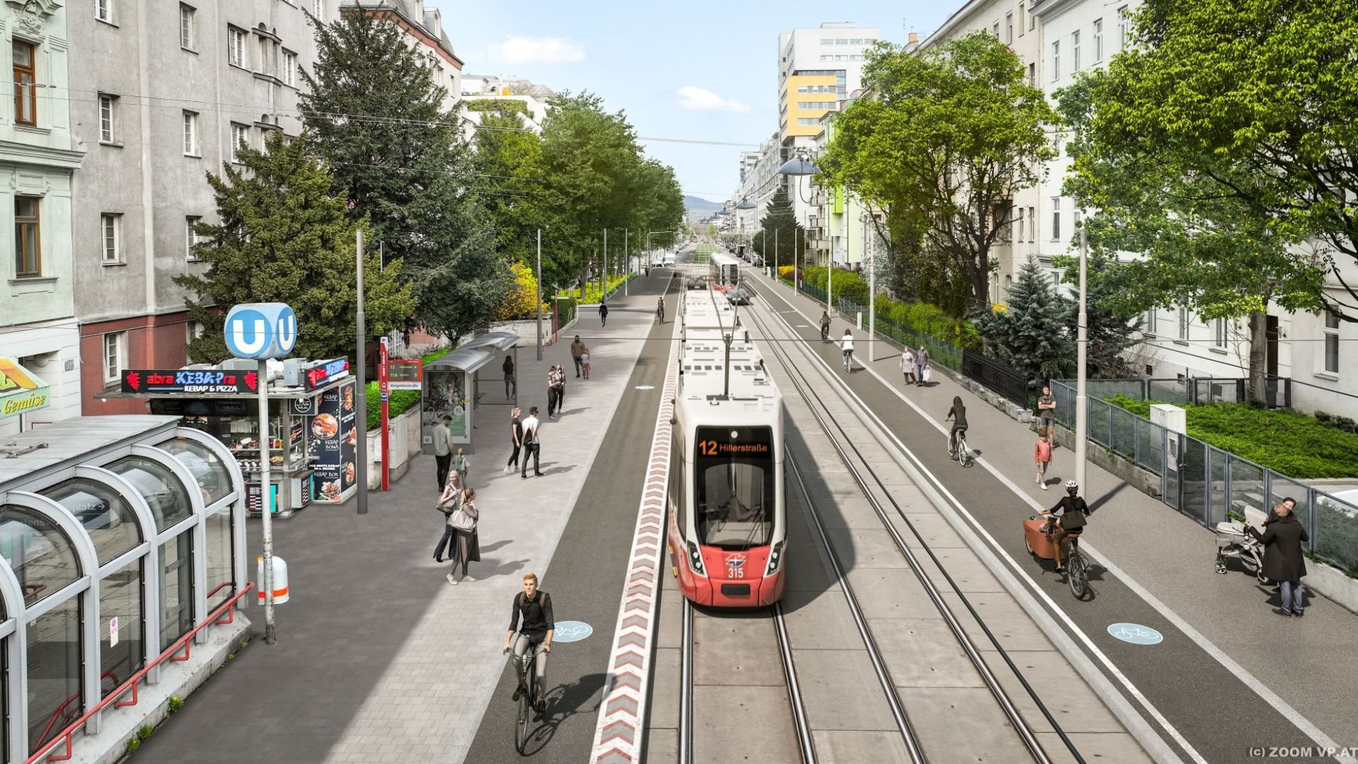 copyright: ZOOMVP.AT Visualisierung der Straßenbahn in der Haltestelle Vorgartenstraße, daneben Bäume und Altbauten
