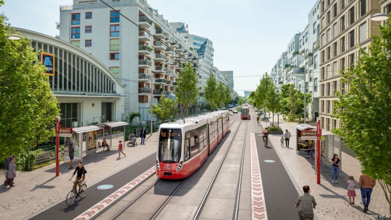 copyright: ZOOMVP.AT Visualisierung der Straßenbahn neben Neubauten, Radwegen und einem Supermarkt