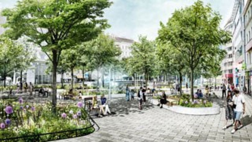 copyright: Carla Lo Landschaftsarchitektur Visualisierung, Platz mit Bäumen und Bänken