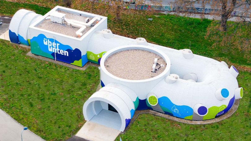 copyright: Wien Kanal Ausstellungsgebäude in Sifon-Form von oben aus der Luft