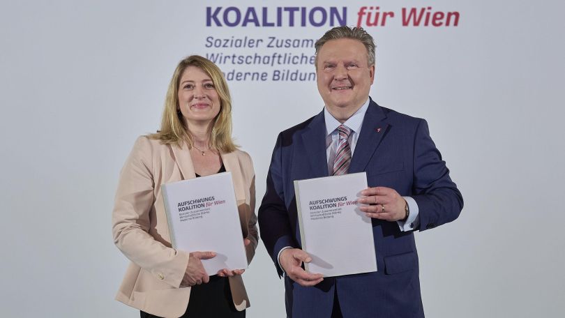 copyright: Stadt Wien/Markus Wache Präsentation der Koalitions-Inhalte Bürgermeister Michael Ludwig und Vizebürgermeisterin Bettina Emmerling, Wiener Rathaus - Wappensaal, 3.06.2025 © Stadt Wien/Markus Wache