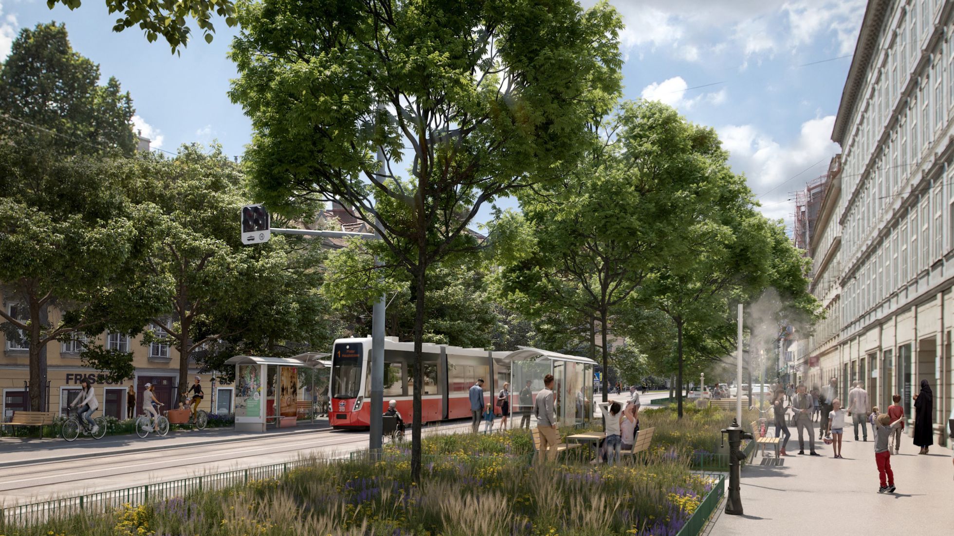 copyright: ZOOMVP.AT Visualisierung der Wiedner Hauptstraße mit Bäumen, Menschen und einer Straßenbahn