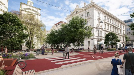 Visualisierung Argentinierstraße/Kreuzherrengasse mit rotem Fahrradweg, Menschen und Gebäuden