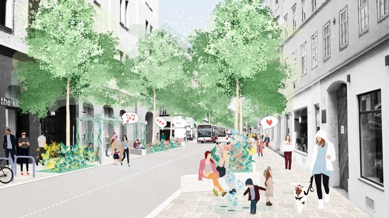 copyright: Landschaftsarchitektur Carla Lo Visualisierung einer begrünten Straße mit breiten Fußwegen, Menschen, einem Auto und einem Bus