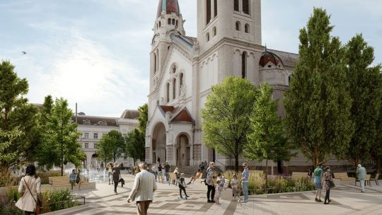 Visualisierung des Enkplatzes mit vielen Menschen, Bäumen und Wasserspiel; im Hintergrund die Kirche