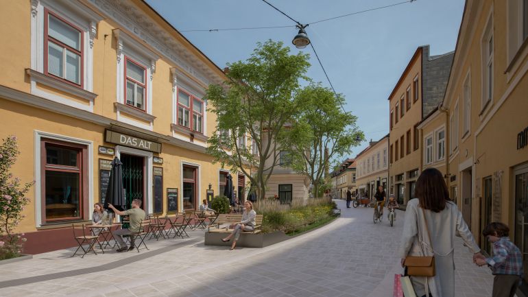 Rendering einer bergrünten Gasse mit Sitzplätzen und Menschen