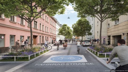 Visualisierung zeigt breite Straße für Fahrräder mit Aufschrift "Fahrradstraße"