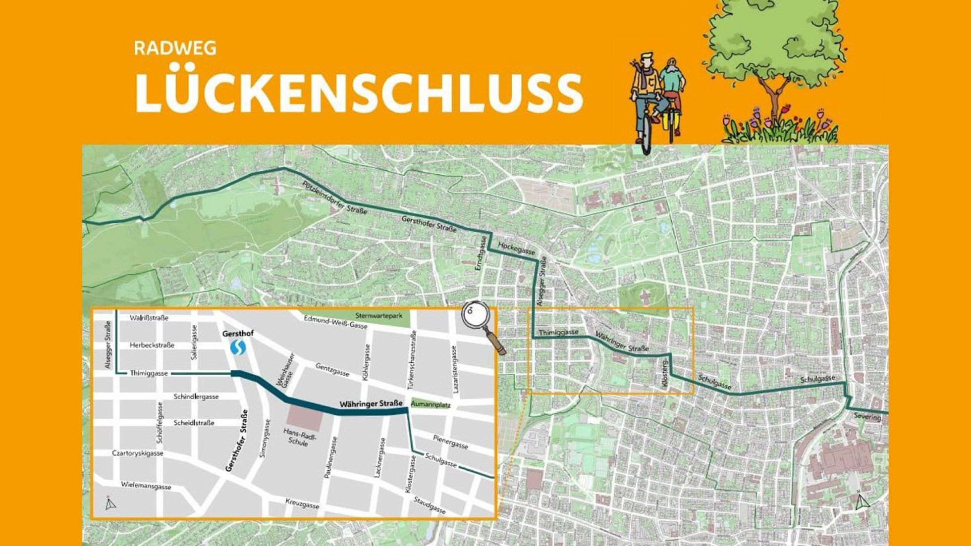 Karte mit eingezeichnetem Radweg zum Lückenschluss in der Währinger Straße