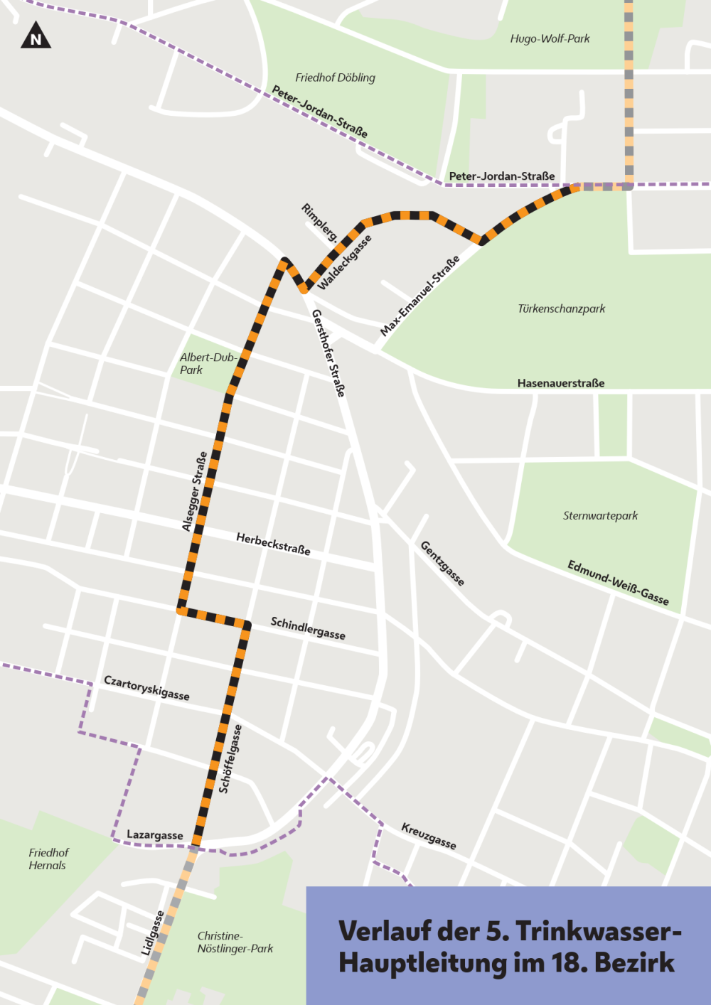 Verlauf der 5. Trinkwasser-Hauptleitung im 18. Bezirk Stadtplan mit Verlauf der 5. Trinkwasser-Hauptleitung im 18. Bezirk