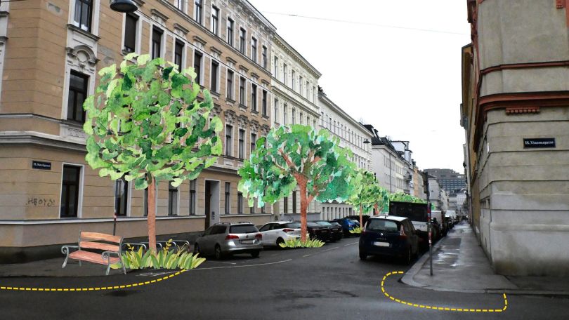 copyright: BV 18 Staudgasse mit eingezeichnetes Bäumen und Sitzbank