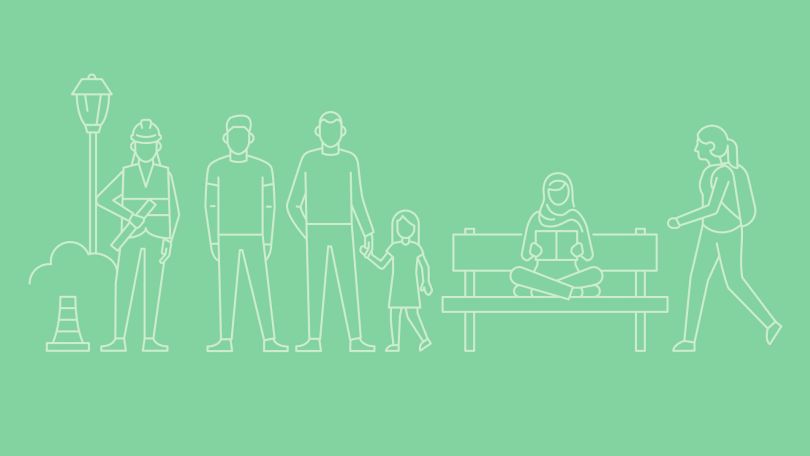 copyright: Stadt Wien Grün gehaltene Illustration von Arbeiterin, Familie, lesender Person auf einer Bank