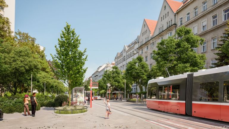copyright: ZOOMVP.AT Visualisierung der einfahrenden Straßenbahn, daneben ein Platz mit Bäumen und Beeten sowie Altbauten