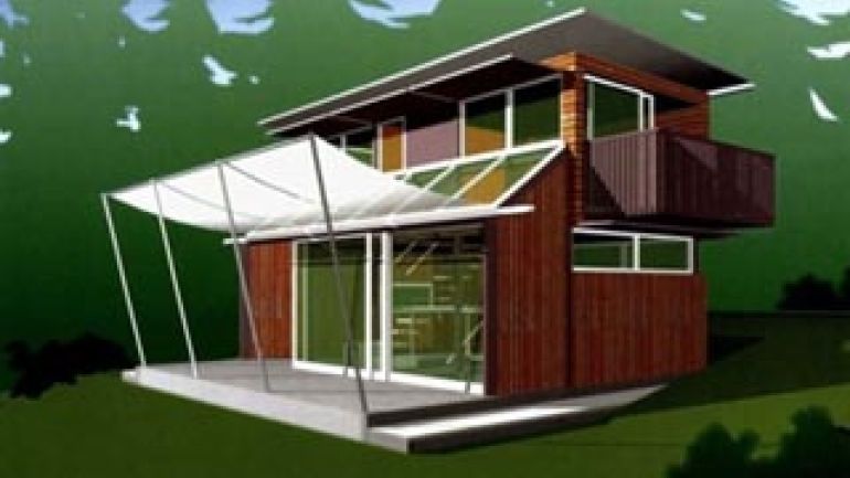 copyright: MA 19, Architekt Kuzmich Zweigeschoßiges Kleingartenhaus mit großer Verglasung im Erdgeschoß, davor Terrasse mit Markise. Balkon im Obergeschoß an Stirnseite. Flachdach.