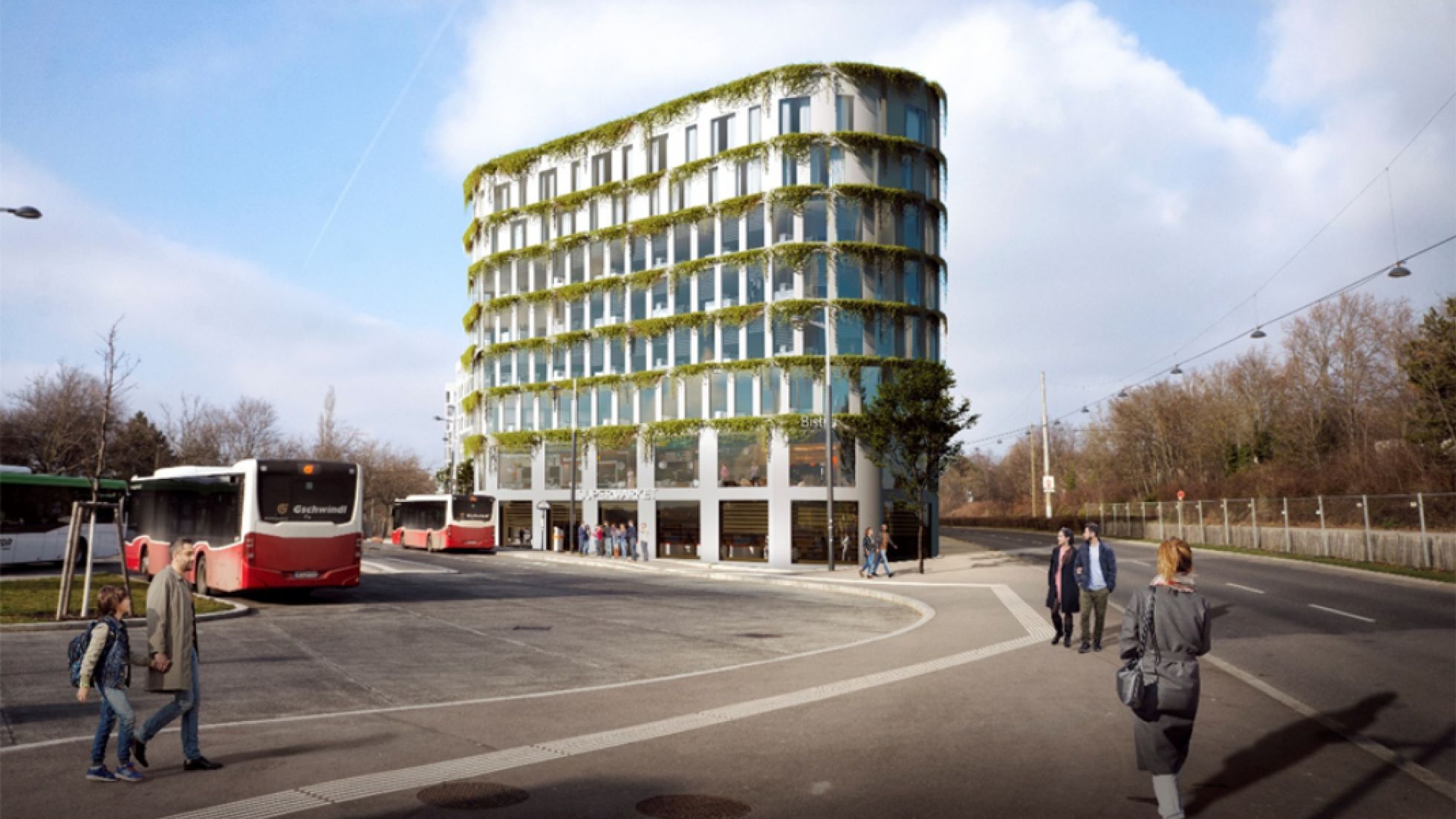 Rendering Wohnhaus mit begrünter Fassade, davor Platz mit Bushaltestellen