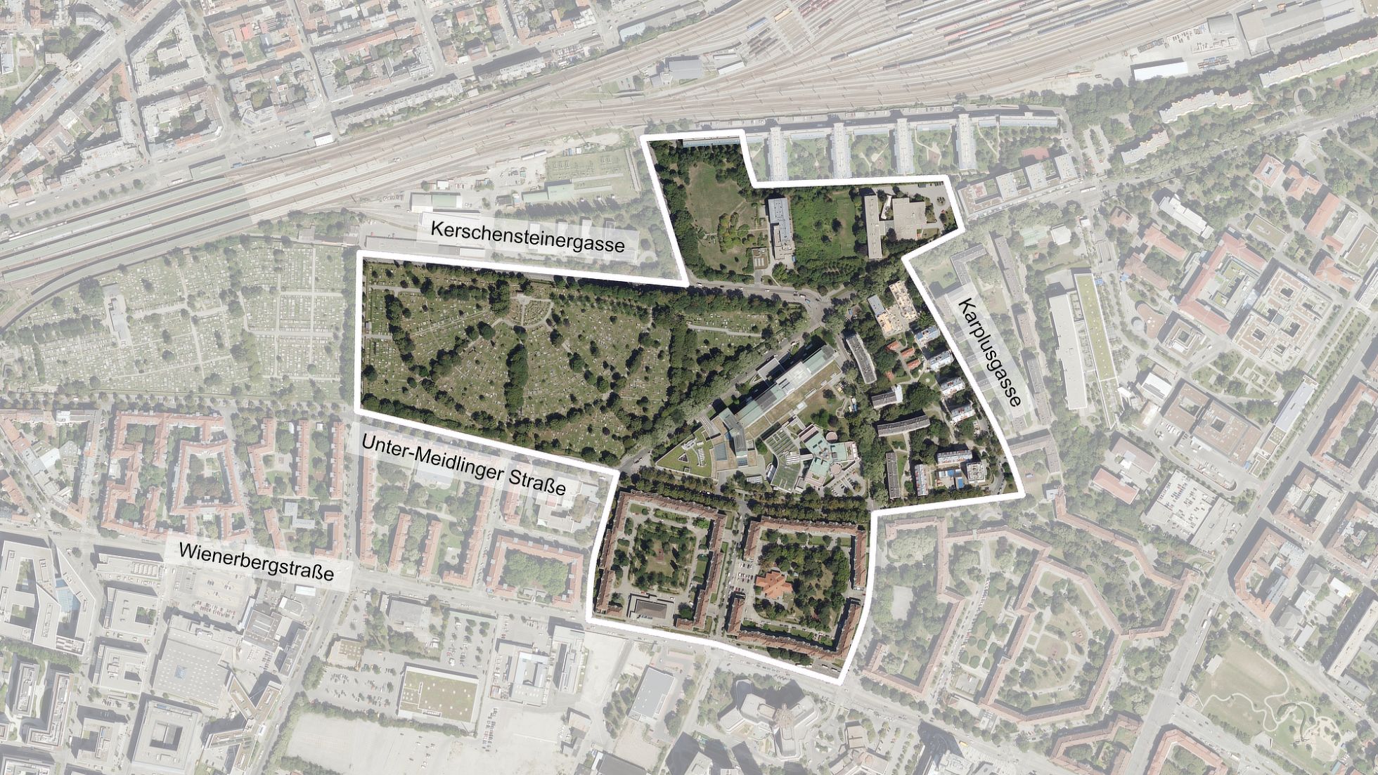 copyright: Stadt Wien/ViennaGIS Luftbild mit Plangebietsabgrenzung