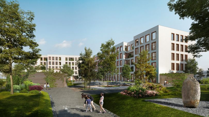 copyright: Architekturbüro Baumschlager Eberle Rendering Gebäude, Stufen, Gehwege, Grünflächen, Bäume, spielende Kinder