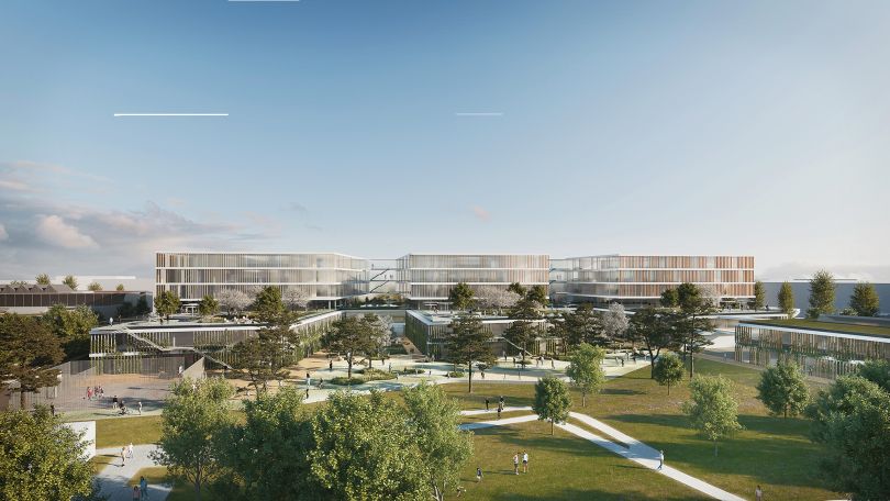 copyright: Kronaus Mitterer Architekten Rendering: moderner Schulkomplex, Garten, spielende Kinder