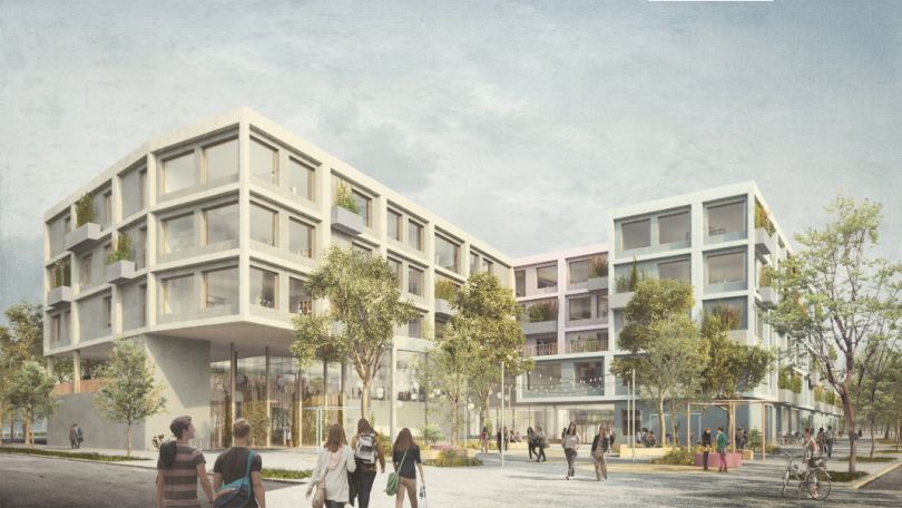 copyright: AKF ZT GmbH Rendering eines modernen Gebäudes mit Vorplatz und Bäumen