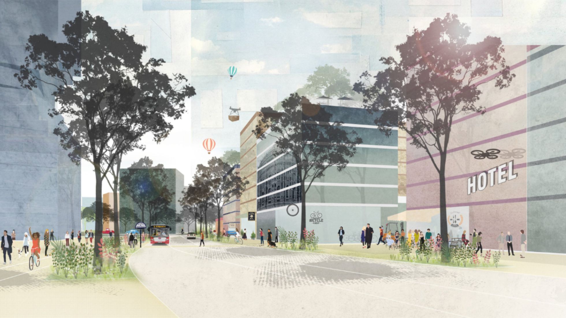 copyright: Carla Lo Landschaftsarchitektur & BWM Architekten Schematische Darstellung Wohnhäuser, Hotel, Straße, Grünflächen mit Bäumen, Menschen