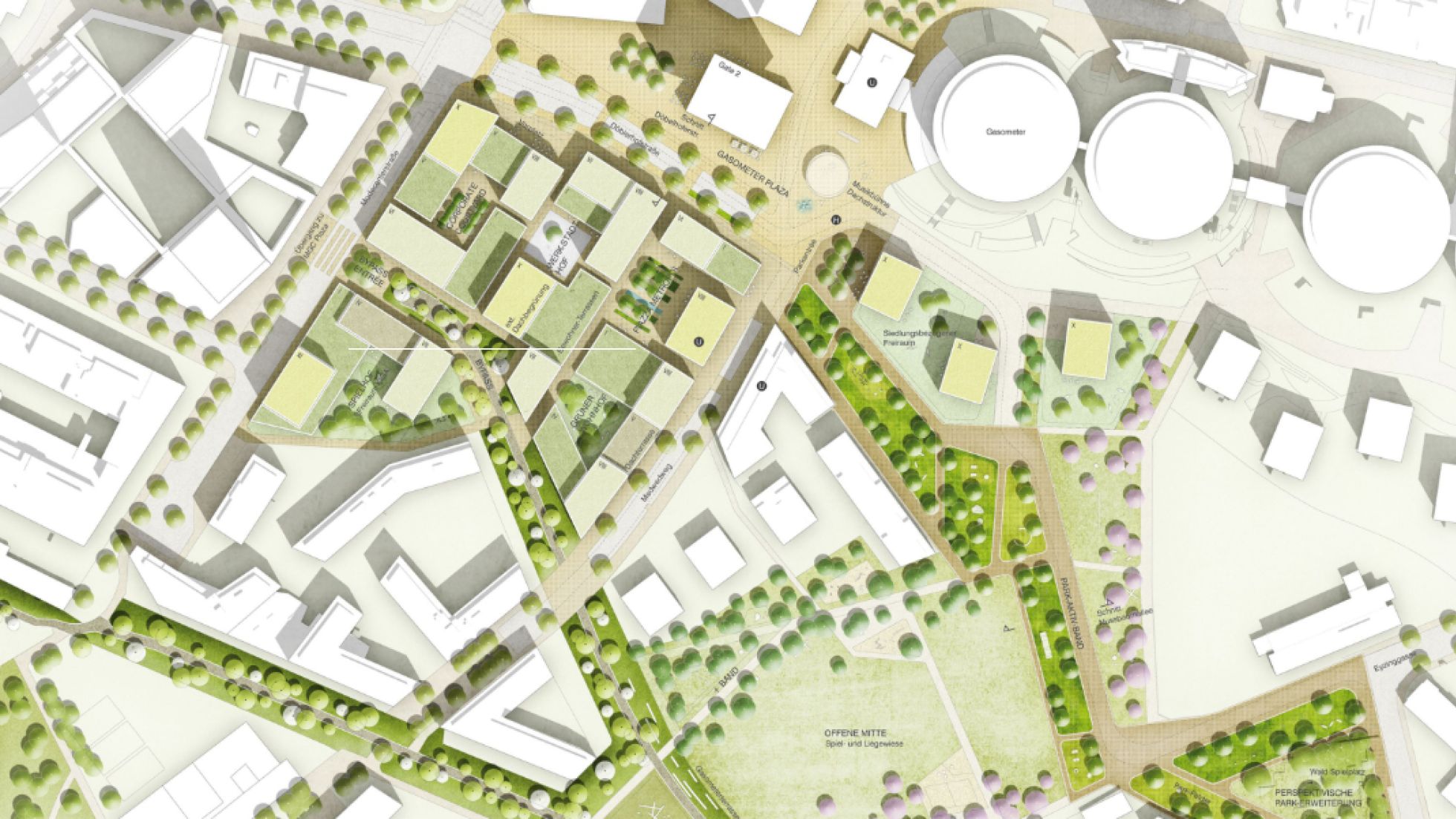 copyright: Carla Lo Landschaftsarchitektur & BWM Architekten Das Gebiet von oben mit Grünflächen und Bäumen