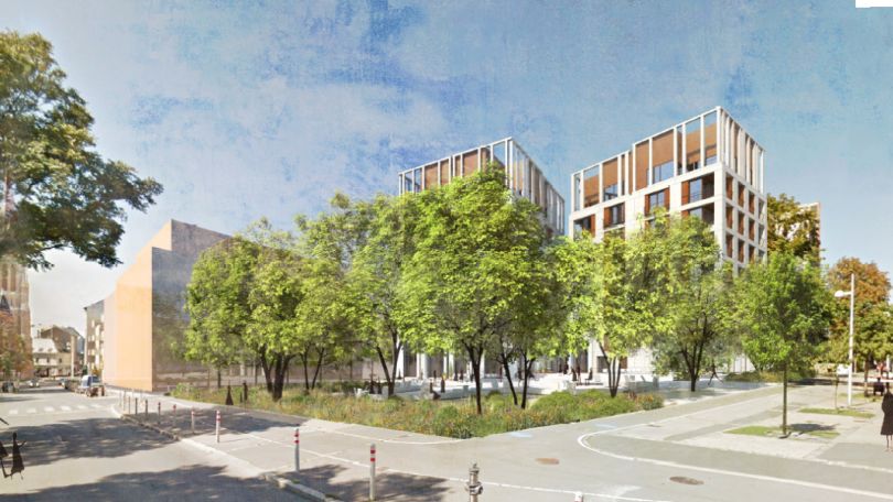 copyright: beyer Rendering zwei Wohnhäuser, an der Straßenecke Grünfläche mit Bäumen