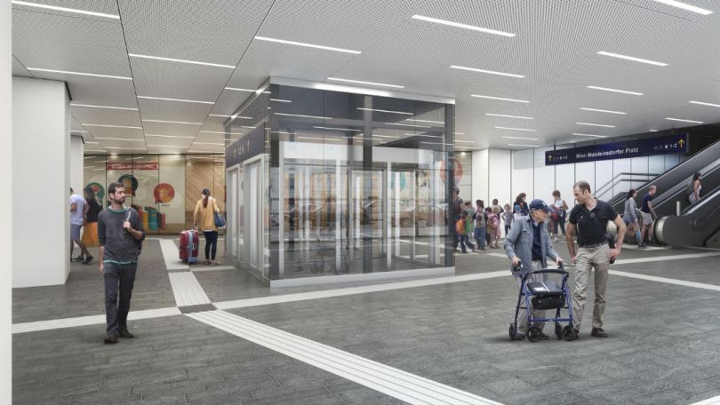 copyright: ÖBB, Feuchtenhofer Architkten ZT GmbH Rendering, graue moderne Halle, gläserner Aufzugschacht, Rolltreppen, Leitsystem für Blinde