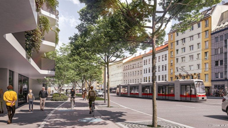 Rendering Wohnbauten, Straßenbahn