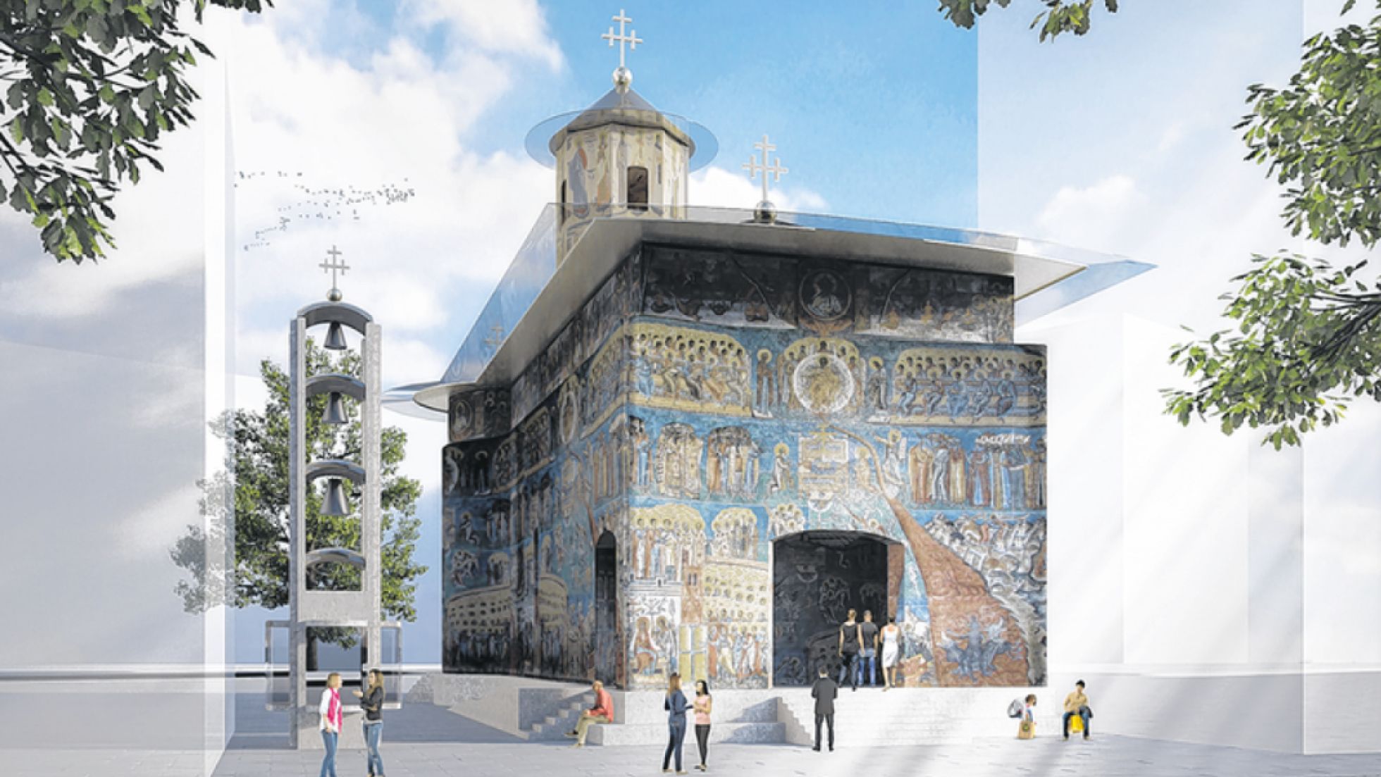 copyright: baldassion architektur, JAMJAM - Martin Woschitz Rendering einer Kirche mit bemalten Außenwänden