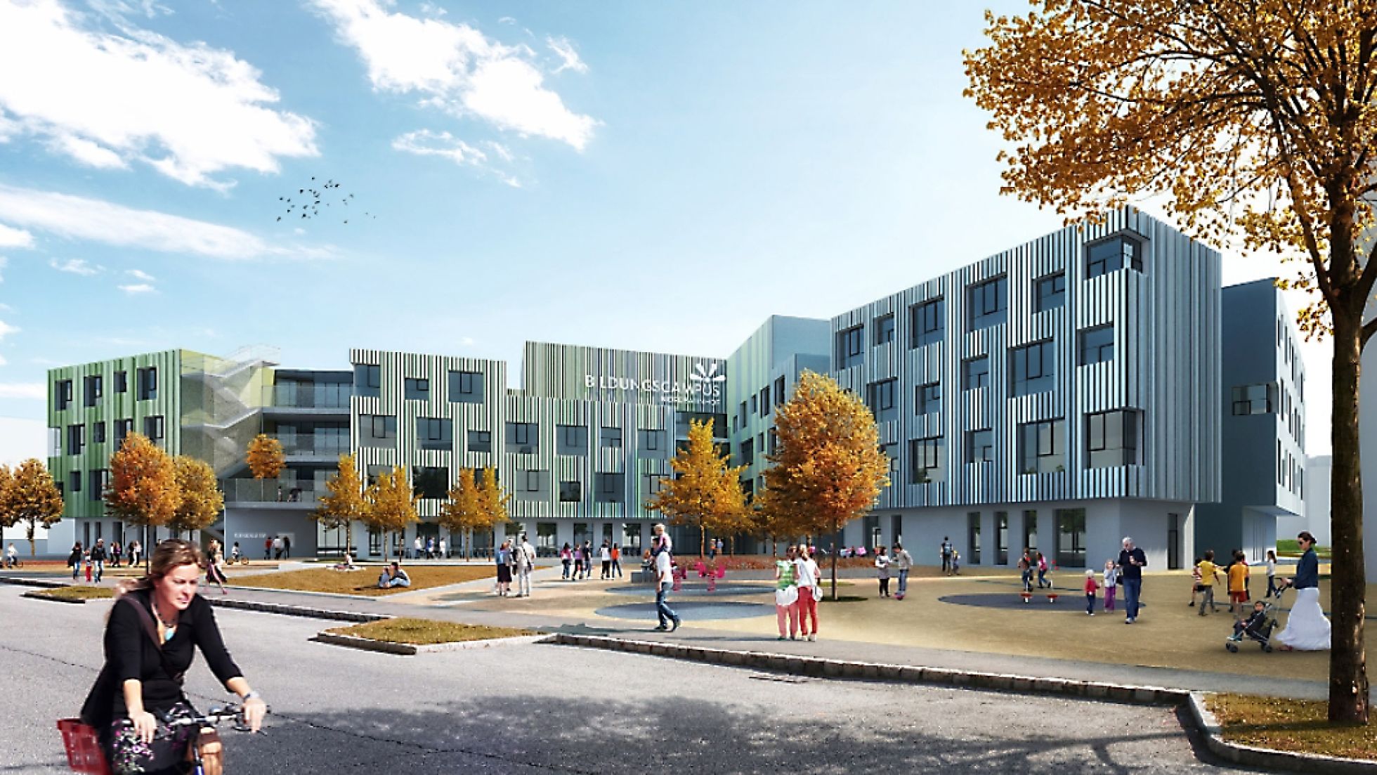 copyright: Architekten Klammer Zeleny ZT GmbH spazierende und Rad fahrende Menschen vor dem neuen Bildungscampus