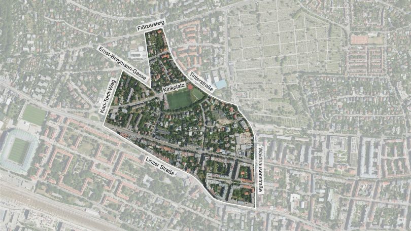 copyright: Stadt Wien/ViennaGIS Luftbild des Gebiets mit Abgrenzung