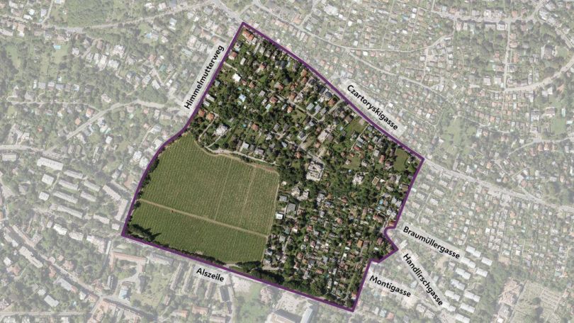 copyright: Stadt Wien/Geodaten Luftbild mit Abgrenzung des Bearbeitungsgebiets