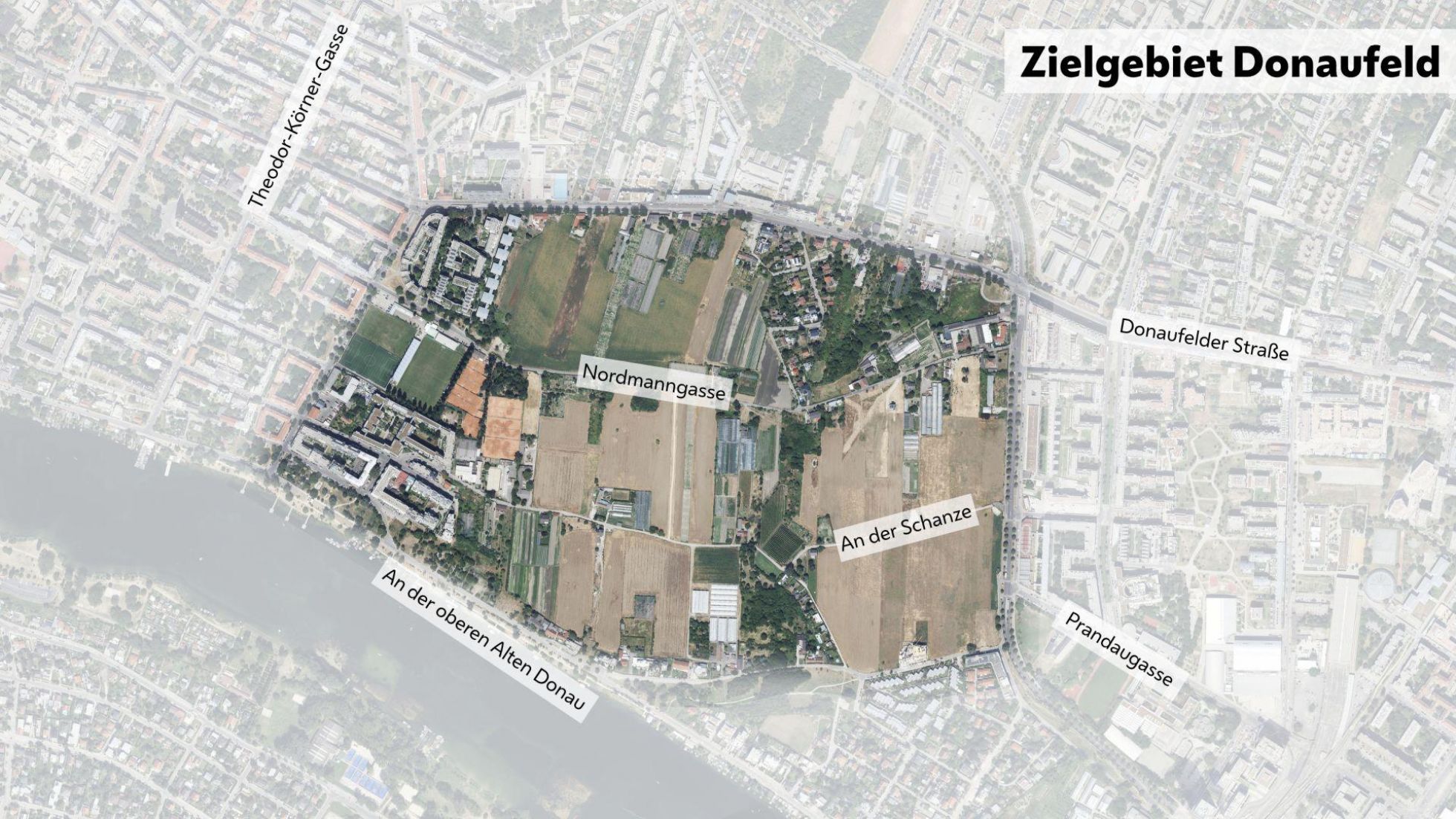 Gebiet im Stadtplan mit Beschriftungen