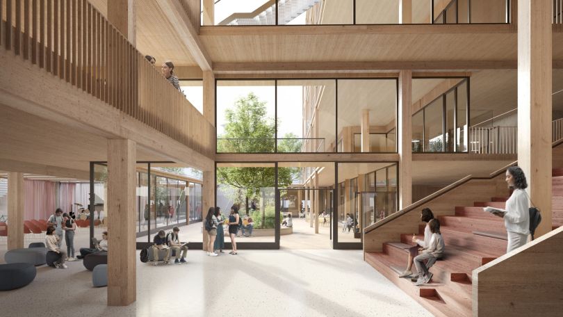 copyright: S.E.A. Shibukawa eder Architects Visualisierung, verglaste Schul-Aula