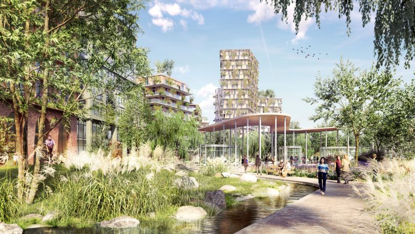 copyright: S+B Gruppe AG Illustration, Gartenlandschaft, im Hintergrund Wohnhochhäuser