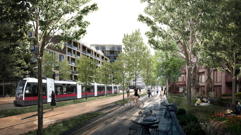 copyright: Samuel Llovet Montardit/Paloma Mosto Zavala Breite Wege, Straße mit Straßenbahn, moderne Häuser, viele Bäume