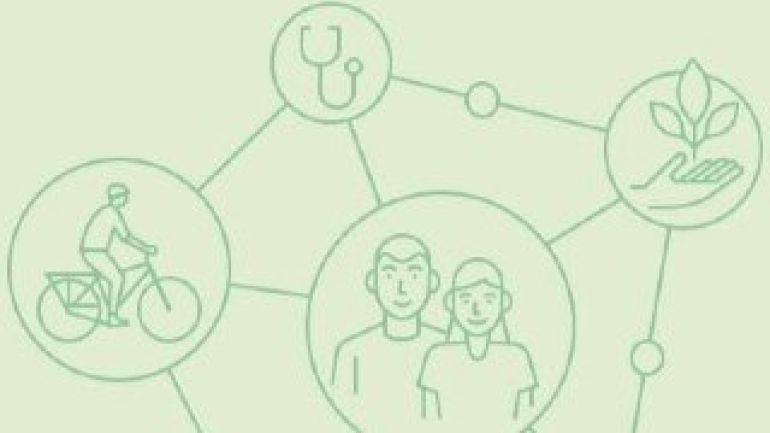 copyright: MA 24 Gesundheitsberichterstattung Symbolbild zum Gesundheitsbericht: Zu sehen sind mehrere durch Linien verbundene Bubbles, mit grafischen Darstellungen eines Paares, eines Radfahrenden, eines Stethoskops sowie einer Hand, die eine Pflanze hält