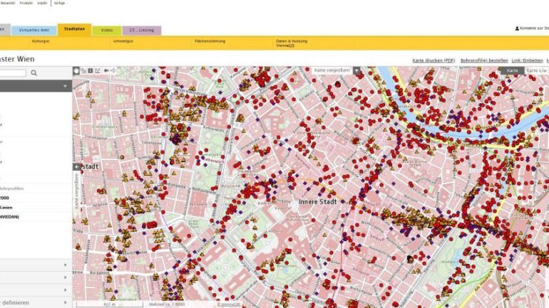 copyright: MA 29 Ausschnitt aus der Karte zum Brundbaukataster mit farblich und symbolisch gekennzeichneten Bohrungen
