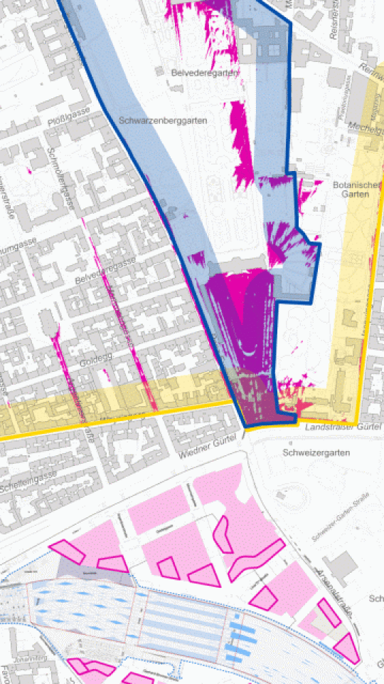 copyright: Stadtvermessung Wien Detailausschnitt einer Sichtbarkeitskarte mit pink eingefärbten Flächen im Bereich Oberes Belvedere.