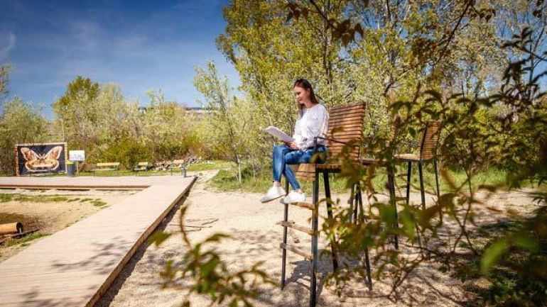 copyright: Wiener Stadtgärten/Houdek Frau sitzt auf einem Hochsitz in einem Park