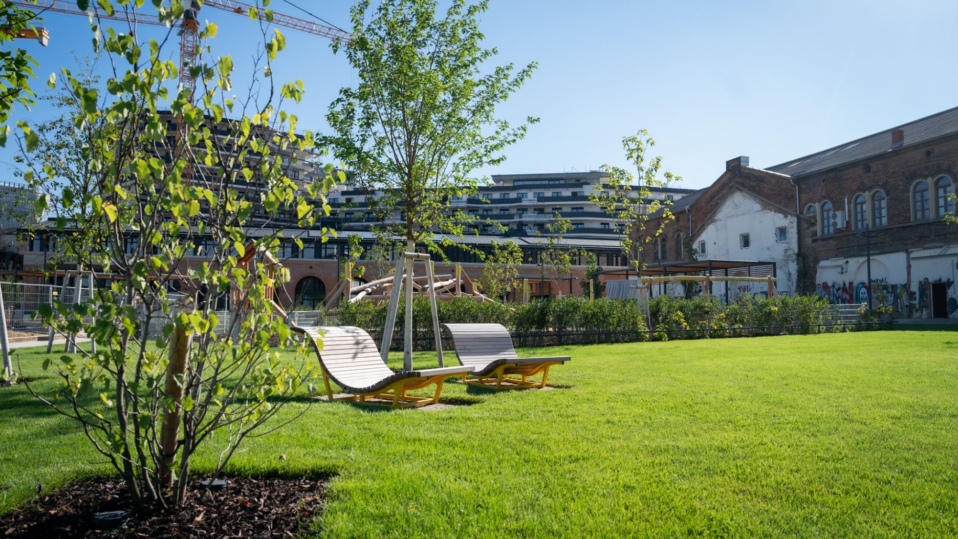 copyright: PID/Bohmann Holzliegen auf einer Wiese, dahinter Gebäude