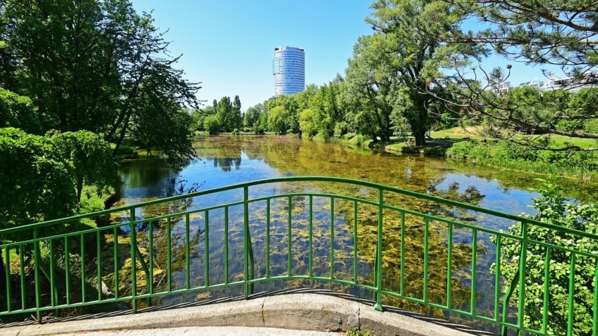 copyright: Wiener Stadtgärten/Jobst Teich in einem Park, im Vordergrund eine Brücke