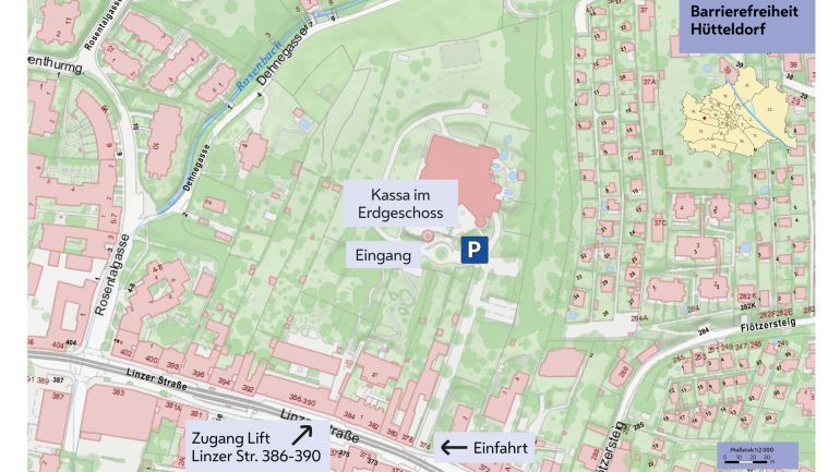 copyright: Stadt Wien - Bäder Übersichtsplan mit eingezeichneter Einfahrt, Parkmöglichkeit und Hinweis "Kassa im Erdgeschoss"
