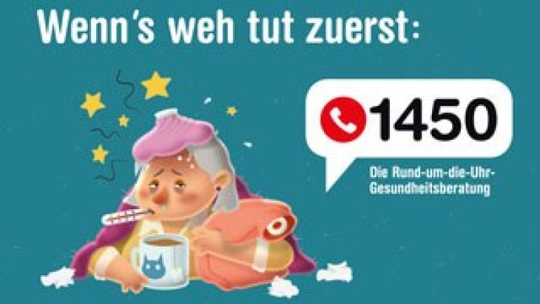 copyright: Fonds Soziales Wien Ältere Frau mit Thermometer und Wärmflasche, danebenText: Wenn's weh tut! Telefon 1450 - Die Rund-um-die Uhr-Gesundheitsberatung