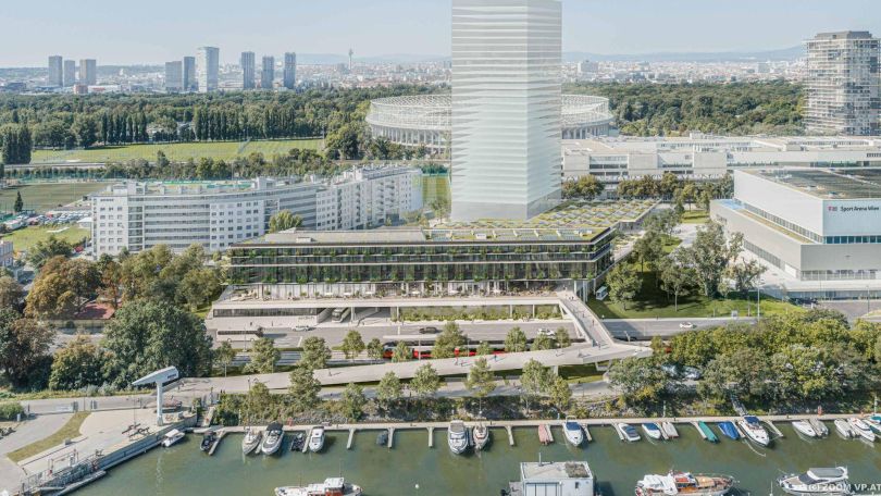 copyright: ZOOMVP, Burtscher Durig ZT GmbH Visualisierung zeigt modernen Fernbusterminal am Donauufer mit Hafen, im Hintergrund die Skyline Wiens